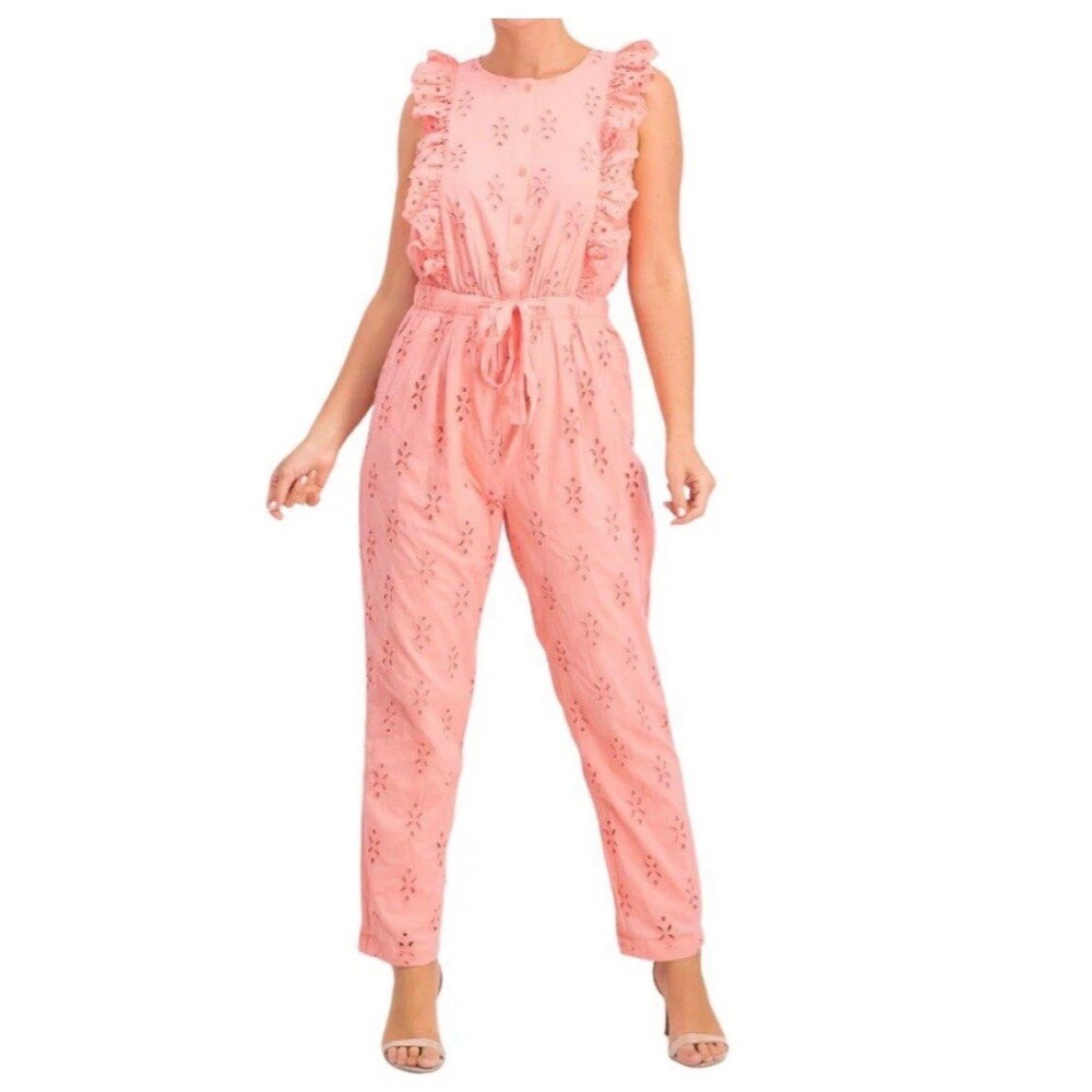 Miss Selfridge Embroidered Eyelet Ruffle Jumpsuit Sz. US 6 Peach